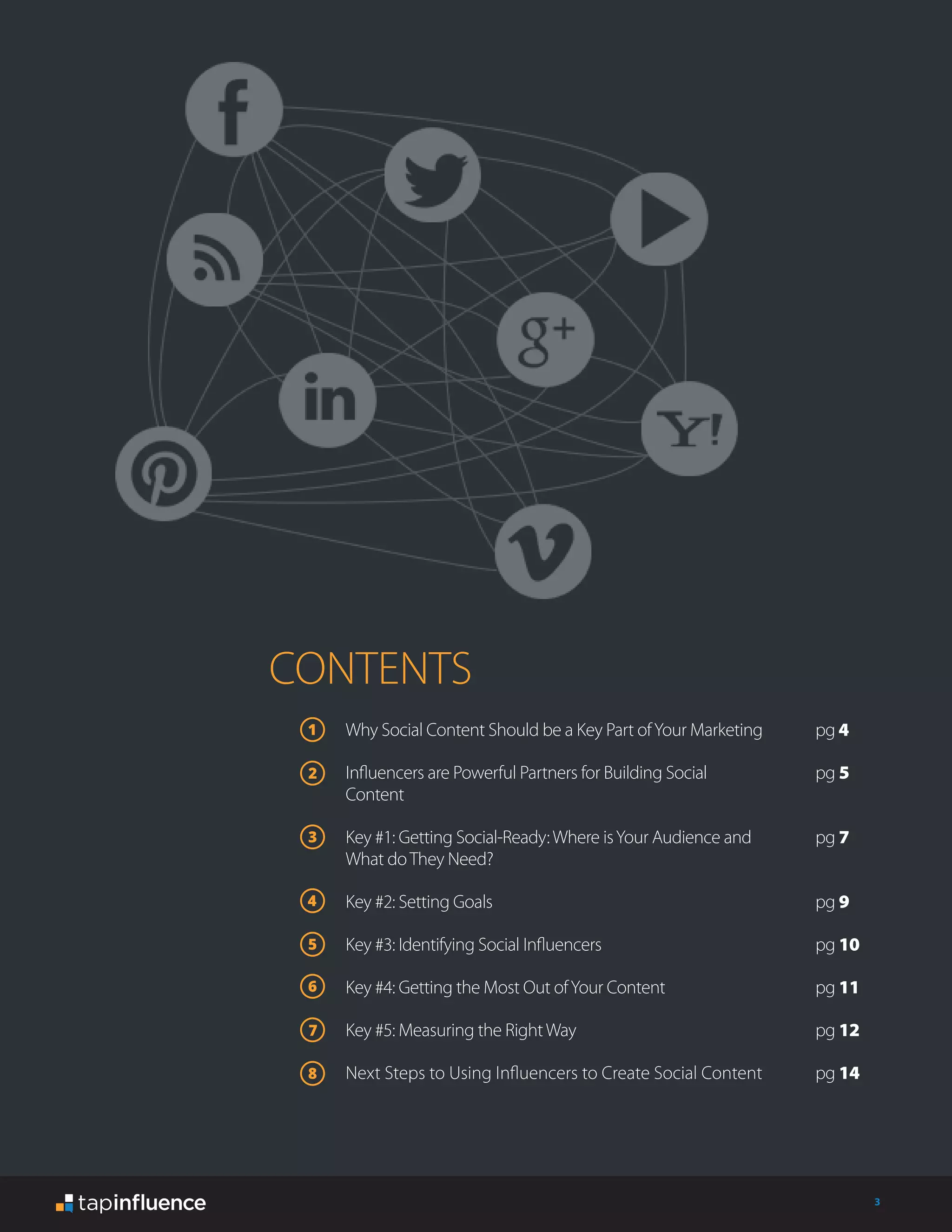 3
Why Social Content Should be a Key Part ofYour Marketing
Influencers are Powerful Partners for Building Social
Content
Key #1: Getting Social-Ready:Where isYour Audience and
What doThey Need?
Key #2: Setting Goals
Key #3: Identifying Social Influencers
Key #4: Getting the Most Out ofYour Content
Key #5: Measuring the RightWay
Next Steps to Using Influencers to Create Social Content
pg 4
pg 5
pg 7
pg 9
pg 10
pg 11
pg 12
pg 14
CONTENTS
 
