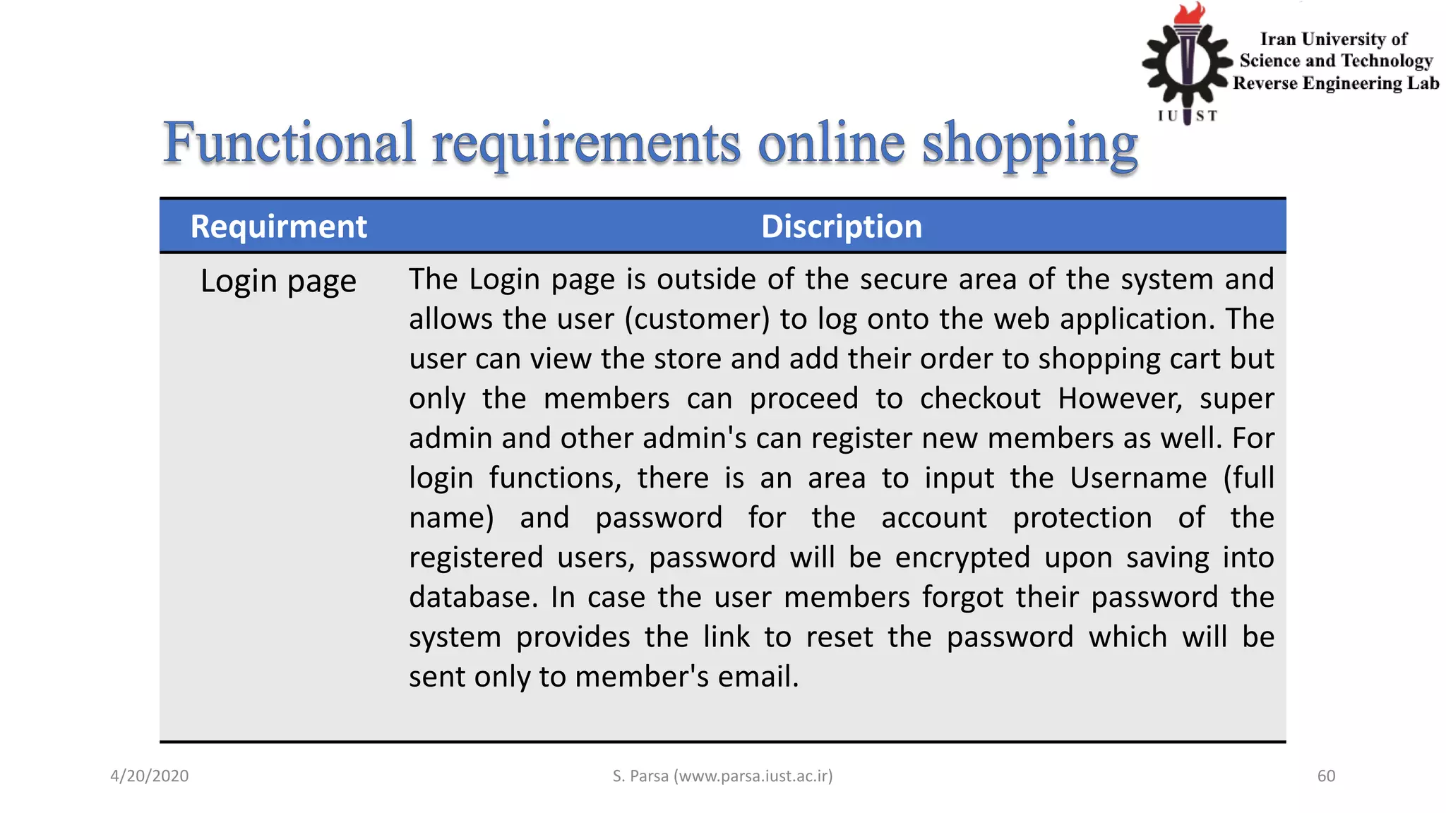 4/20/2020 S. Parsa (www.parsa.iust.ac.ir) 60
Requirment Discription
Login page The Login page is outside of the secure area of the system and
allows the user (customer) to log onto the web application. The
user can view the store and add their order to shopping cart but
only the members can proceed to checkout However, super
admin and other admin's can register new members as well. For
login functions, there is an area to input the Username (full
name) and password for the account protection of the
registered users, password will be encrypted upon saving into
database. In case the user members forgot their password the
system provides the link to reset the password which will be
sent only to member's email.
 