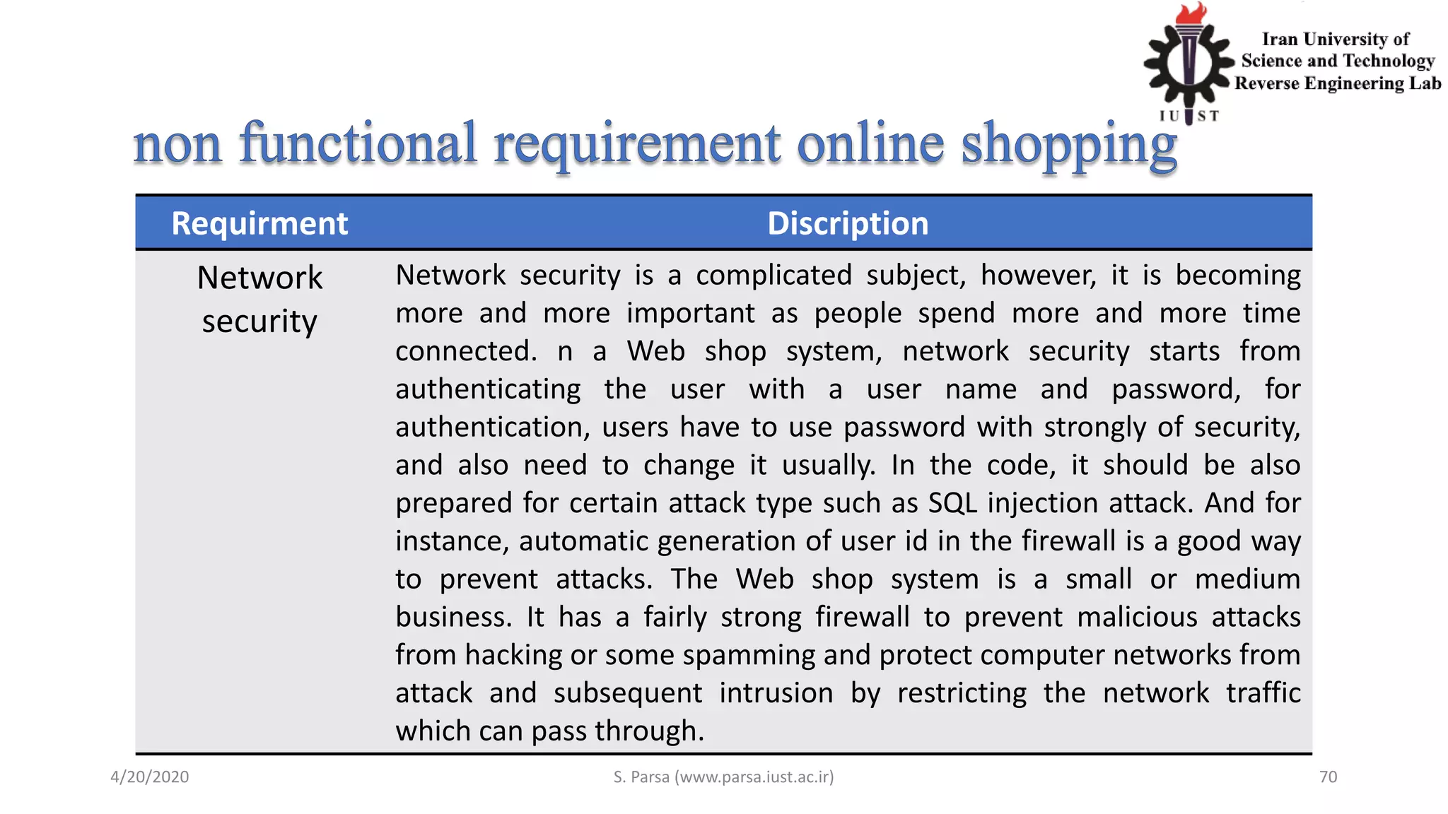 4/20/2020 S. Parsa (www.parsa.iust.ac.ir) 70
Requirment Discription
Network
security
Network security is a complicated subject, however, it is becoming
more and more important as people spend more and more time
connected. n a Web shop system, network security starts from
authenticating the user with a user name and password, for
authentication, users have to use password with strongly of security,
and also need to change it usually. In the code, it should be also
prepared for certain attack type such as SQL injection attack. And for
instance, automatic generation of user id in the firewall is a good way
to prevent attacks. The Web shop system is a small or medium
business. It has a fairly strong firewall to prevent malicious attacks
from hacking or some spamming and protect computer networks from
attack and subsequent intrusion by restricting the network traffic
which can pass through.
 