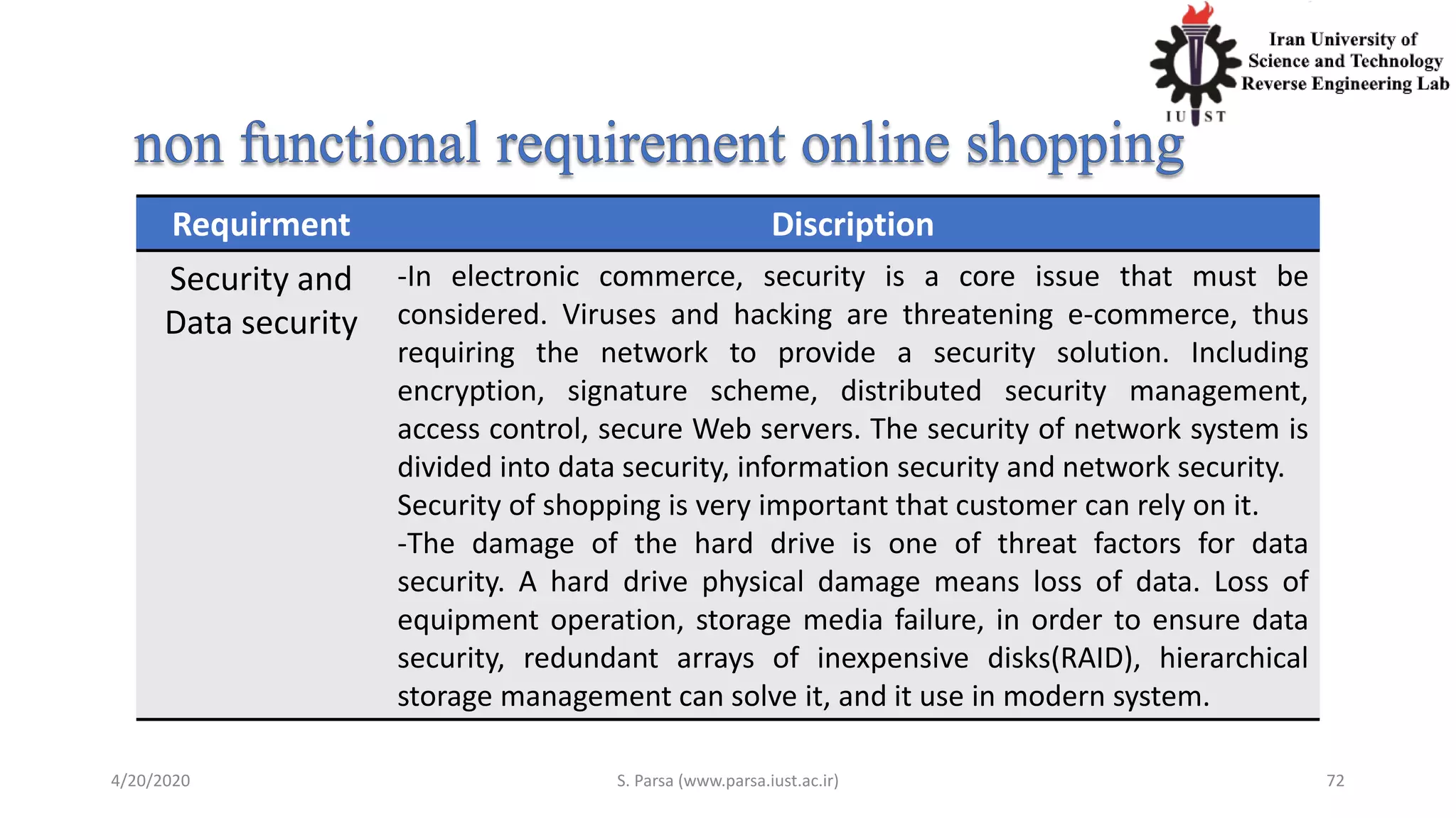 4/20/2020 S. Parsa (www.parsa.iust.ac.ir) 72
Requirment Discription
Security and
Data security
-In electronic commerce, security is a core issue that must be
considered. Viruses and hacking are threatening e-commerce, thus
requiring the network to provide a security solution. Including
encryption, signature scheme, distributed security management,
access control, secure Web servers. The security of network system is
divided into data security, information security and network security.
Security of shopping is very important that customer can rely on it.
-The damage of the hard drive is one of threat factors for data
security. A hard drive physical damage means loss of data. Loss of
equipment operation, storage media failure, in order to ensure data
security, redundant arrays of inexpensive disks(RAID), hierarchical
storage management can solve it, and it use in modern system.
 