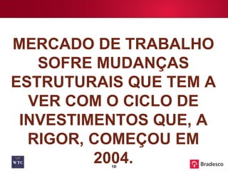 MERCADO DE TRABALHO SOFRE MUDANÇAS ESTRUTURAIS QUE TEM A VER COM O CICLO DE INVESTIMENTOS QUE, A RIGOR, COMEÇOU EM 2004. 