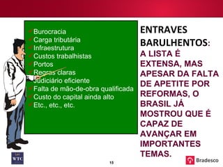 NOISY CONSTRAINTS:  THE LIST IS LONG, BUT BRAZIL HAS SHOWN THAT IT  IS CAPABLE TO PROMOTE IMPORTANT REFORMS. Burocracia Carga tributária Infraestrutura Custos trabalhistas Portos Regras claras Judiciário eficiente Falta de mão-de-obra qualificada Custo do capital ainda alto Etc., etc., etc. ENTRAVES BARULHENTOS :  A LISTA É EXTENSA, MAS APESAR DA FALTA DE APETITE POR REFORMAS, O BRASIL JÁ MOSTROU QUE É CAPAZ DE AVANÇAR EM IMPORTANTES TEMAS. 