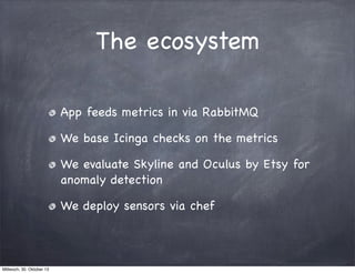 The ecosystem
App feeds metrics in via RabbitMQ
We base Icinga checks on the metrics
We evaluate Skyline and Oculus by Ets...