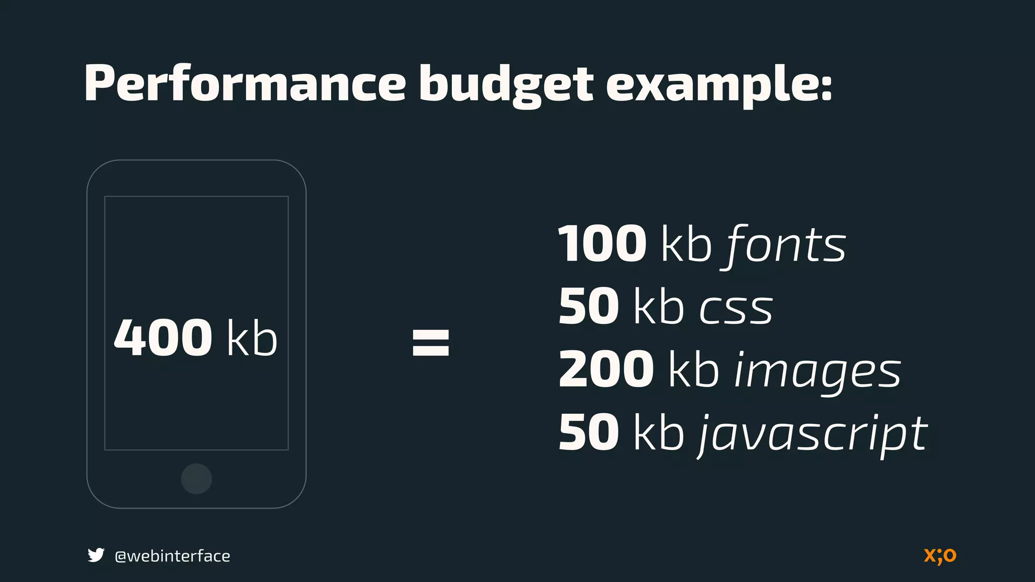 @webinterface
400 kb =
Performance budget example:
100 kb fonts
50 kb css
200 kb images
50 kb javascript
 