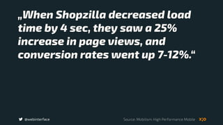 @webinterface
„When Shopzilla decreased load
time by 4 sec, they saw a 25%
increase in page views, and
conversion rates went up 7-12%.“
Source: Mobilism: High Performance Mobile
 