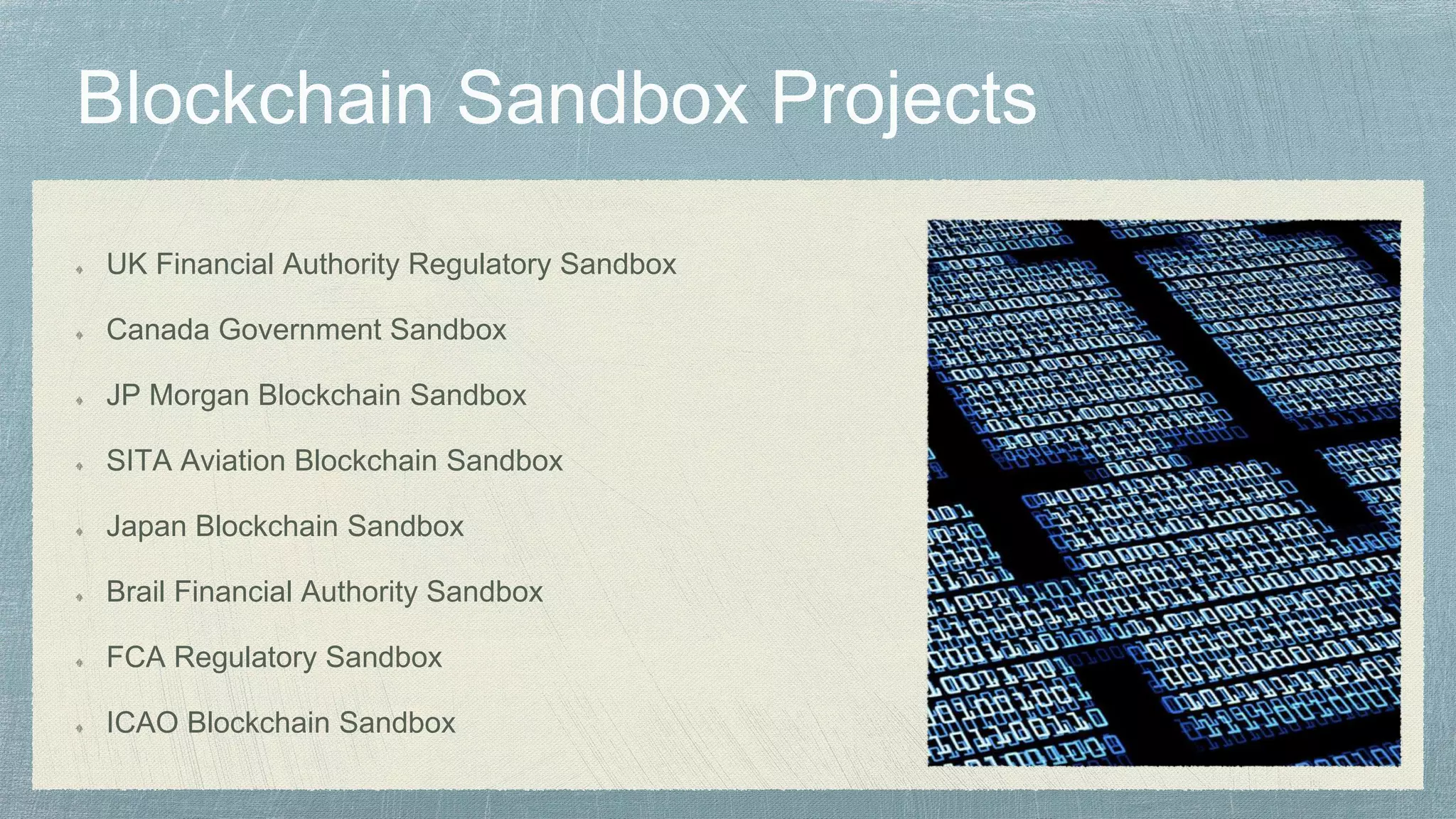 UK Financial Authority Regulatory Sandbox
Canada Government Sandbox
JP Morgan Blockchain Sandbox
SITA Aviation Blockchain Sandbox
Japan Blockchain Sandbox
Brail Financial Authority Sandbox
FCA Regulatory Sandbox
ICAO Blockchain Sandbox
 