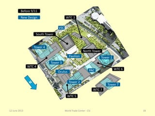 Before 9/11
New Design
North Tower
Tower 1
Tower 7
Tower 2
Tower 3
Tower 4
WTC 7
PACOculus
Pavilion
VSC
WTC 4
WTC 5
WTC 3
WTC 6
South Tower
12 June 2013 18World Trade Center - CSI
 