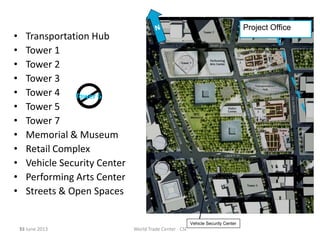 35
• Transportation Hub
• Tower 1
• Tower 2
• Tower 3
• Tower 4
• Tower 5
• Tower 7
• Memorial & Museum
• Retail Complex
• Vehicle Security Center
• Performing Arts Center
• Streets & Open Spaces
Tower 6
Vehicle Security Center
Project Office
12 June 2013 World Trade Center - CSI
 