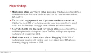 Major ﬁndings
• Marketers place very high value on social media:A signiﬁcant 86% of
marketers indicate that social media i...
