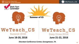62
June 18-20, 2018 June 21-22, 2018
Sheraton Conference Center, Georgetown, TX
Summer of CS
 