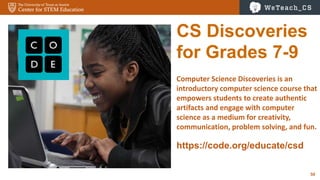 50
CS Discoveries
for Grades 7-9
Computer Science Discoveries is an
introductory computer science course that
empowers students to create authentic
artifacts and engage with computer
science as a medium for creativity,
communication, problem solving, and fun.
https://code.org/educate/csd
 