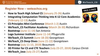 59
• How to Teach High School CS (January 25-26) Austin
• Integrating Computation Thinking Into K-12 Core Academics
(February 12-13) Austin
• CS Principles Mini-Conference (March 1-2) Austin
• WeTeach_CS Facilitator Academy (March 26-30) Richardson
• Bootstrap (June 11-14) San Antonio
• Logo Summer Institute (June 11-14) Pflugerville
• WeTeach_CS Summit (June 18-20) Georgetown
• WeTeach_CS Deep Dives (June 21-22) Georgetown
• Bootstrap (July 11-13, 2018) Beaumont
• 3D Printer for CS and CTE Teachers (July 23-27, 2018) Corpus Christi
• WeTeach_Java (July 23-27) Austin
Register Now – weteachcs.org
 