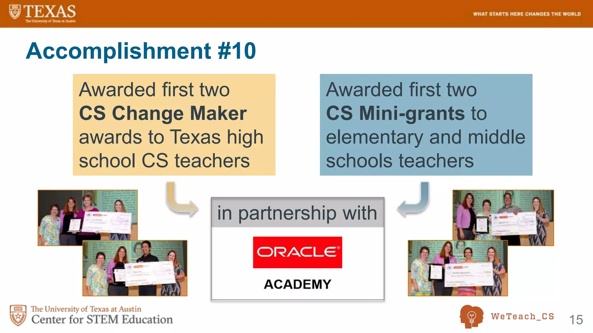 15
Accomplishment #10
in partnership with
Awarded first two
CS Change Maker
awards to Texas high
school CS teachers
Awarded first two
CS Mini-grants to
elementary and middle
schools teachers
 