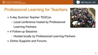 58
Professional Learning for Teachers
● 5-day Summer Teacher TEXCon
○ Local conference hosted by Professional
Learning Partners
● 4 Follow-up Sessions
○ Hosted locally by Professional Learning Partners
● Online Supports and Forums
 