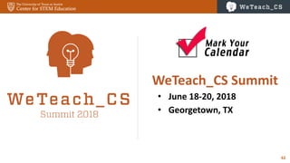 62
WeTeach_CS Summit
• June 18-20, 2018
• Georgetown, TX
 