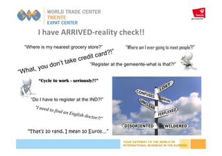 YOUR GATEWAY TO THE WORLD OF
INTERNATIONAL BUSINESS IN THE EUREGIO
I have ARRIVED-reality check!!
“Where is my nearest grocery store?”
“What, you don’t take credit card?!”
“Register at the gemeente-what is that?!”
“Cycle to work - seriously?!”
“Do I have to register at the IND?!”
“Where am I ever going to meet people?!”
“I need to find an English doctor?!”
“That’s 10 rand, I mean 10 Euros…”
 