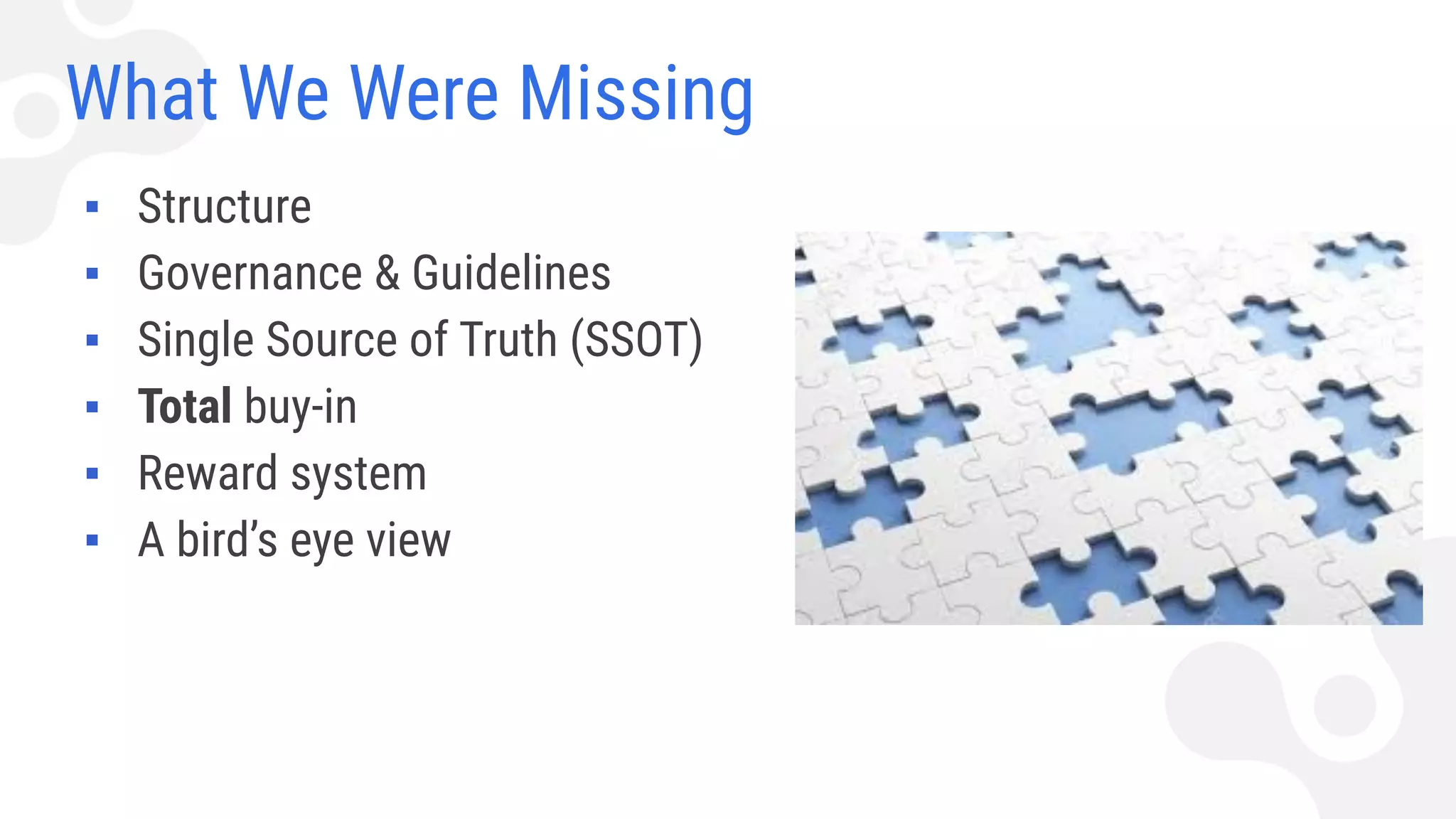 What We Were Missing
▪ Structure
▪ Governance & Guidelines
▪ Single Source of Truth (SSOT)
▪ Total buy-in
▪ Reward system
▪ A bird’s eye view
 