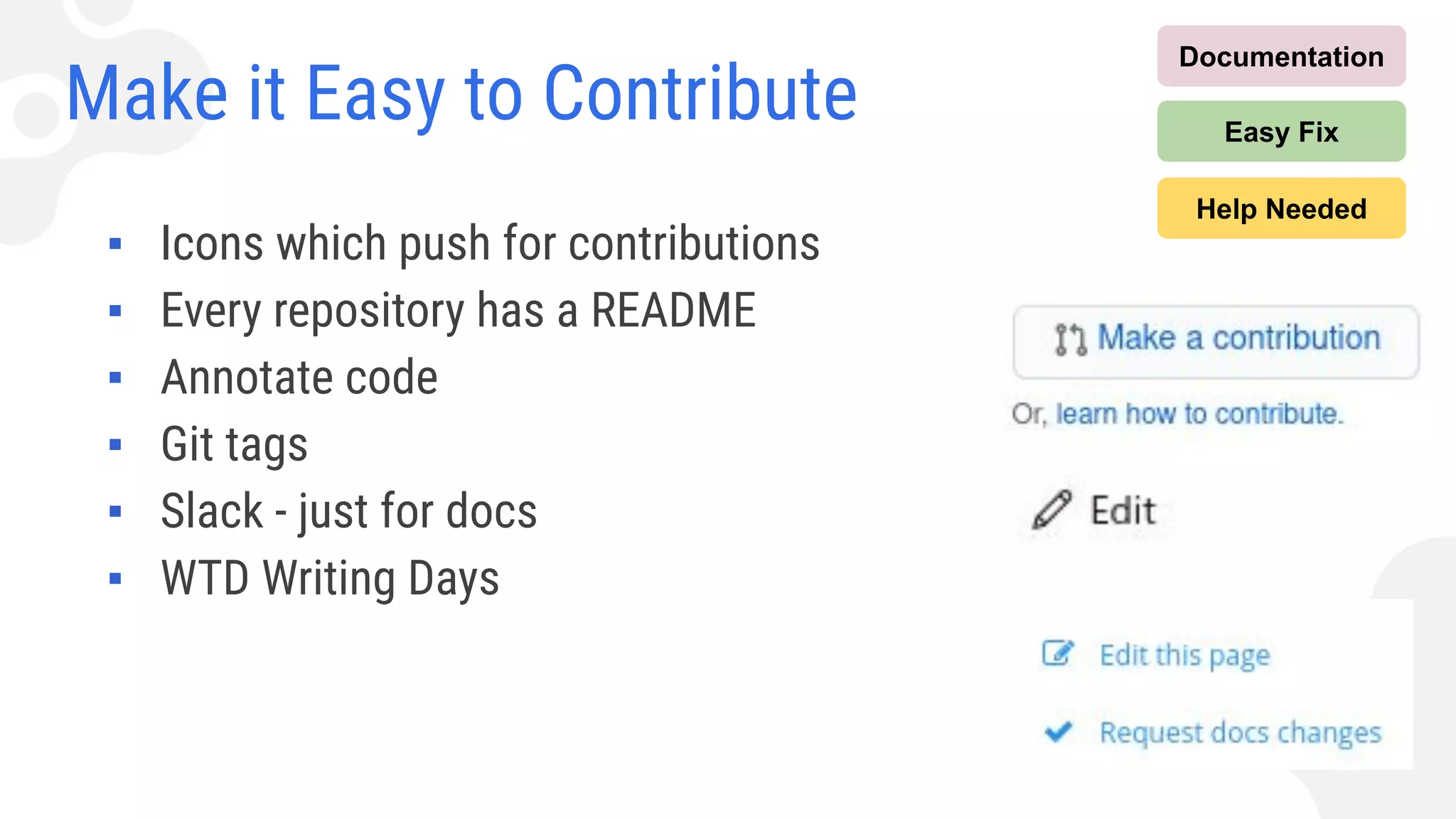 Make it Easy to Contribute
Documentation
Easy Fix
Help Needed
▪ Icons which push for contributions
▪ Every repository has a README
▪ Annotate code
▪ Git tags
▪ Slack - just for docs
▪ WTD Writing Days
 