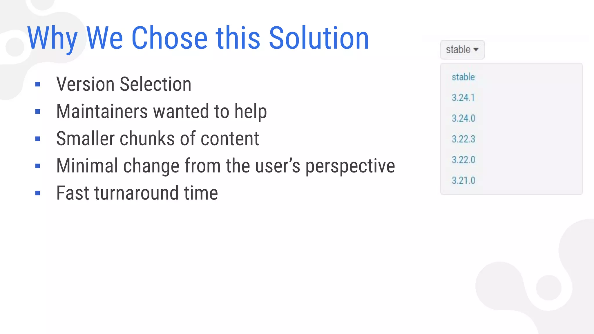 Why We Chose this Solution
▪ Version Selection
▪ Maintainers wanted to help
▪ Smaller chunks of content
▪ Minimal change from the user’s perspective
▪ Fast turnaround time
 