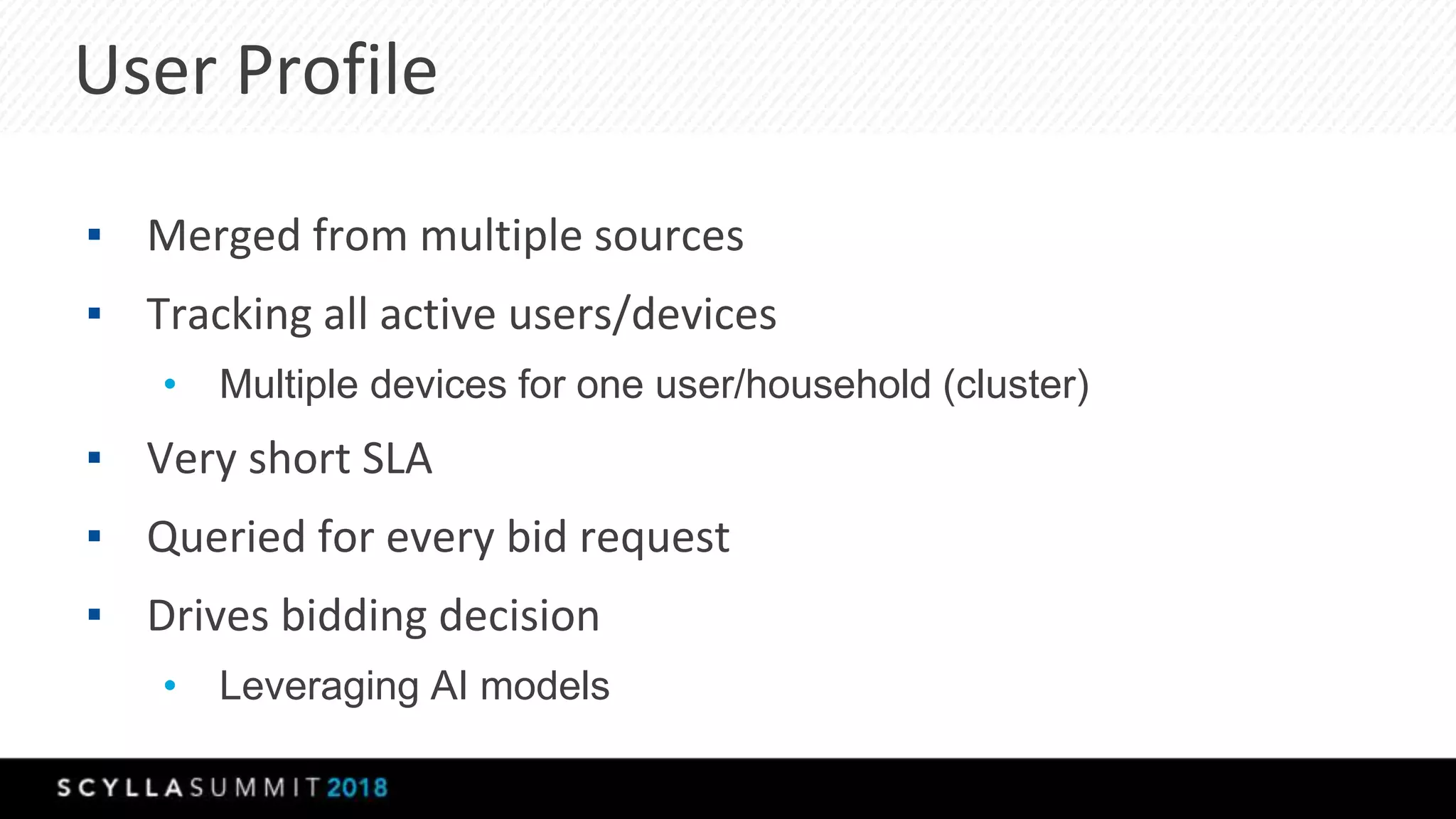 User Profile
▪ Merged from multiple sources
▪ Tracking all active users/devices
• Multiple devices for one user/household (cluster)
▪ Very short SLA
▪ Queried for every bid request
▪ Drives bidding decision
• Leveraging AI models
 