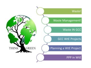 Waste!
Waste Management!
Waste IN GCC
GCC WtE Projects
Planning a WtE Project
PPP in WtE
 