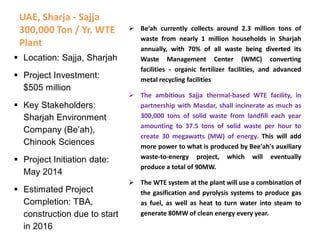 UAE, Sharja - Sajja
300,000 Ton / Yr. WTE
Plant
 Be’ah currently collects around 2.3 million tons of
waste from nearly 1 million households in Sharjah
annually, with 70% of all waste being diverted its
Waste Management Center (WMC) converting
facilities - organic fertilizer facilities, and advanced
metal recycling facilities
 The ambitious Sajja thermal-based WTE facility, in
partnership with Masdar, shall incinerate as much as
300,000 tons of solid waste from landfill each year
amounting to 37.5 tons of solid waste per hour to
create 30 megawatts (MW) of energy. This will add
more power to what is produced by Bee'ah's auxiliary
waste-to-energy project, which will eventually
produce a total of 90MW.
 The WTE system at the plant will use a combination of
the gasification and pyrolysis systems to produce gas
as fuel, as well as heat to turn water into steam to
generate 80MW of clean energy every year.
 Location: Sajja, Sharjah
 Project Investment:
$505 million
 Key Stakeholders:
Sharjah Environment
Company (Be’ah),
Chinook Sciences
 Project Initiation date:
May 2014
 Estimated Project
Completion: TBA,
construction due to start
in 2016
 