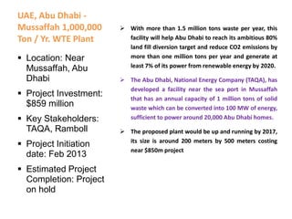 UAE, Abu Dhabi -
Mussaffah 1,000,000
Ton / Yr. WTE Plant
 With more than 1.5 million tons waste per year, this
facility will help Abu Dhabi to reach its ambitious 80%
land fill diversion target and reduce CO2 emissions by
more than one million tons per year and generate at
least 7% of its power from renewable energy by 2020.
 The Abu Dhabi, National Energy Company (TAQA), has
developed a facility near the sea port in Mussaffah
that has an annual capacity of 1 million tons of solid
waste which can be converted into 100 MW of energy,
sufficient to power around 20,000 Abu Dhabi homes.
 The proposed plant would be up and running by 2017,
its size is around 200 meters by 500 meters costing
near $850m project
 Location: Near
Mussaffah, Abu
Dhabi
 Project Investment:
$859 million
 Key Stakeholders:
TAQA, Ramboll
 Project Initiation
date: Feb 2013
 Estimated Project
Completion: Project
on hold
 