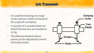 (vi) Trammel:
 It is used for drawing very large
circles and arcs which are beyond
the scope of a compass.
 It consists of a wooden beam on
which the two pins are located as
in Fig.
 The distance between these
points can be adjusted by means
of thumb screws.
24
 
