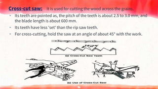 Cross-cut saw: It is used for cutting the wood across the grains.
▸ Its teeth are pointed as, the pitch of the teeth is about 2.5 to 3.0 mm, and
the blade length is about 600 mm.
▸ Its teeth have less 'set' than the rip saw teeth.
▸ For cross-cutting, hold the saw at an angle of about 45° with the work.
36
 