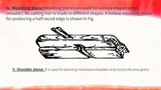 iv. Moulding plane:Moulding planes are used for various shaped edges
(moulds). Its cutting iron is made in different shapes. A hollow moulding plane
for producing a half round edge is shown in Fig.
75
V. Shoulder plane: It is used for planning hardwood shoulders and across the end grains.
 