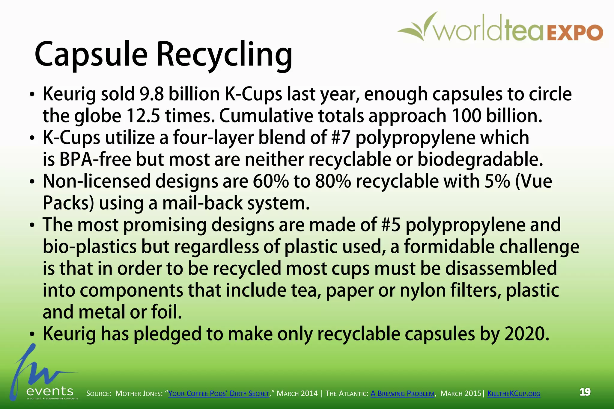 Capsule Recycling
SOURCE: MOTHER JONES: “YOUR COFFEE PODS’ DIRTY SECRET,” MARCH 2014 | THE ATLANTIC: A BREWING PROBLEM, MARCH 2015| KILLTHEKCUP.ORG
• Keurig sold 9.8 billion K-Cups last year, enough capsules to circle
the globe 12.5 times. Cumulative totals approach 100 billion.
• K-Cups utilize a four-layer blend of #7 polypropylene which
is BPA-free but most are neither recyclable or biodegradable.
• Non-licensed designs are 60% to 80% recyclable with 5% (Vue
Packs) using a mail-back system.
• The most promising designs are made of #5 polypropylene and
bio-plastics but regardless of plastic used, a formidable challenge
is that in order to be recycled most cups must be disassembled
into components that include tea, paper or nylon filters, plastic
and metal or foil.
• Keurig has pledged to make only recyclable capsules by 2020.
 