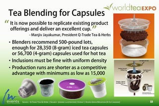 Tea Blending for Capsules
SOURCE: Q-TRADE TEAS & HERBS | SOLABEV (ORANGE ILLUSTRATION)| ECODUP | KEURIG GREEN MOUNTAIN (K-CUP DIAGRAM)
• Blenders recommend 500-pound lots,
enough for 28,350 (8-gram) iced tea capsules
or 56,700 (4-gram) capsules used for hot tea
• Inclusions must be fine with uniform density
• Production runs are shorter as a competitive
advantage with minimums as low as 15,000
It is now possible to replicate existing product
offerings and deliver an excellent cup.
- Manjiv Jayakumar, President Q-Trade Tea & Herbs
“ ”
 