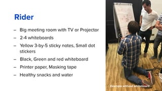 Rider
– Big meeting room with TV or Projector
– 2-4 whiteboards
– Yellow 3-by-5 sticky notes, Small dot
stickers
– Black, Green and red whiteboard
– Printer paper, Masking tape
– Healthy snacks and water
Example without whiteboard
 