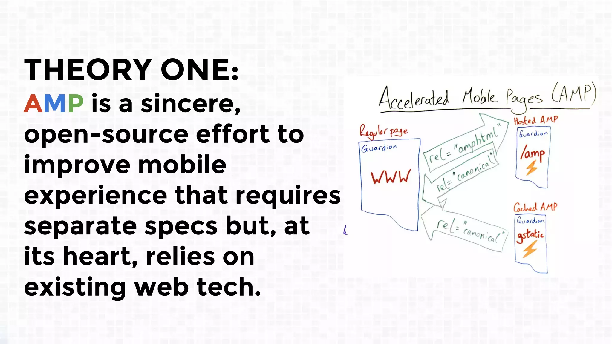 THEORY ONE:
AMP is a sincere,
open-source effort to
improve mobile
experience that requires
separate specs but, at
its heart, relies on
existing web tech.