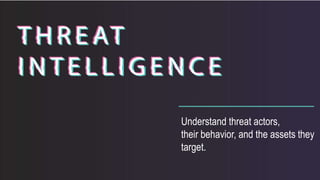 Understand threat actors,
their behavior, and the assets they
target.
 