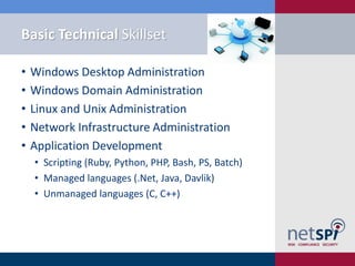 Basic Technical Skillset
• Windows Desktop Administration
• Windows Domain Administration
• Linux and Unix Administration
• Network Infrastructure Administration
• Application Development
• Scripting (Ruby, Python, PHP, Bash, PS, Batch)
• Managed languages (.Net, Java, Davlik)
• Unmanaged languages (C, C++)
 