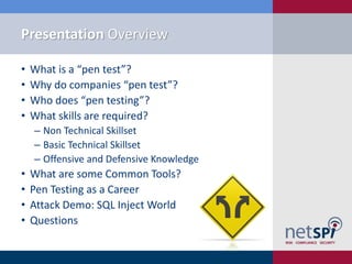 Presentation Overview
• What is a “pen test”?
• Why do companies “pen test”?
• Who does “pen testing”?
• What skills are required?
‒ Non Technical Skillset
‒ Basic Technical Skillset
‒ Offensive and Defensive Knowledge
• What are some Common Tools?
• Pen Testing as a Career
• Attack Demo: SQL Inject World
• Questions
 