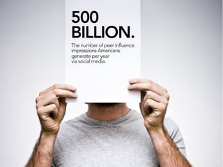 500
BILLION.
The number of peer influence
impressions Americans
generate per year
via social media.




                               9
 