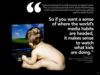“
    Kids are leading the world’s transition to digital media.
     This is in part because kids aren’t afraid of technology
      and in part because kids haven’t spent years getting
                                      used to anything else.


          So if you want a sense
           of where the world’s
                     media habits
                     are headed,
                  it makes sense
                        to watch
                        what kids
                      are doing.”
                                                          Generation M2:
                                 Media in the Lives of 8- to 18-Year-Olds,
                                               Kaiser Family Foundation
                                                             January 2010




                                                                             29
 