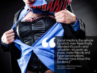 “
    Social media is the vehicle
    by which men have finally
    decided it’s cool—and
    valuable—to open up,
    share, make friends and
    have conversations.
    (Women have know this
    for eons.)”
    Diane Hessan, CEO, Communispace
    http://Communispace.com
                                      33
 
