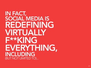 IN FACT,
SOCIAL MEDIA IS
REDEFINING
VIRTUALLY
F**KING
EVERYTHING,
INCLUDING
(BUT NOT LIMITED TO)...

                          49
 