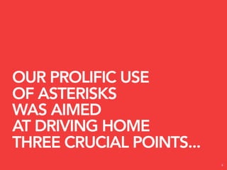 OUR PROLIFIC USE
OF ASTERISKS
WAS AIMED
AT DRIVING HOME
THREE CRUCIAL POINTS...
                          4
 