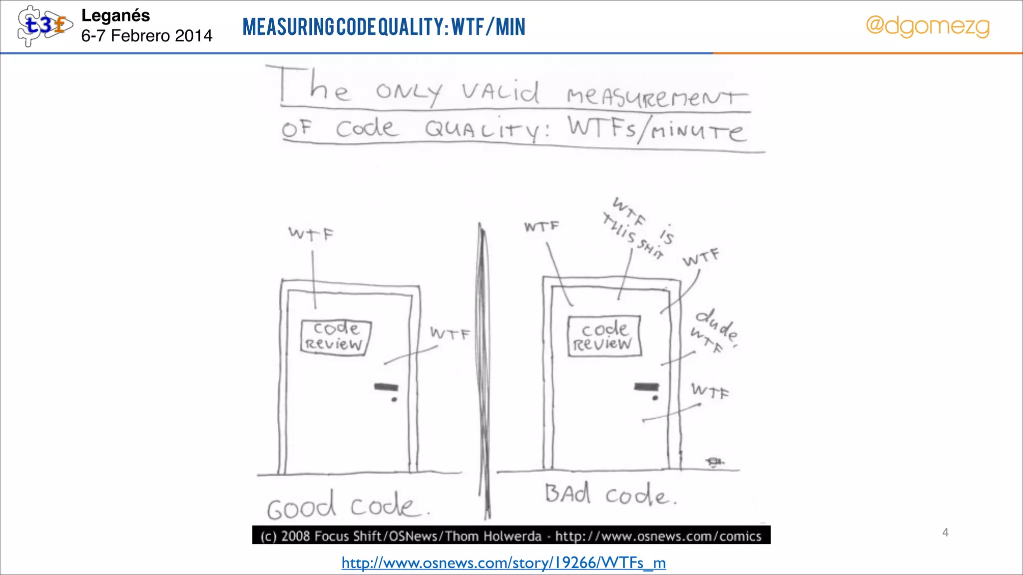 Leganés!
6-7 Febrero 2014

Measuring Code Quality: WTF/min

@dgomezg

4

http://www.osnews.com/story/19266/WTFs_m

 
