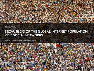 REASON #2

BECAUSE 2/3 OF THE GLOBAL INTERNET POPULATION
VISIT SOCIAL NETWORKS.
Nielsen, Global Faces & Networked Places, 2009
 