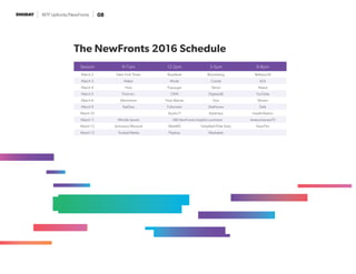 WTF Upfronts/NewFronts 08
Session 9-11am 12-2pm 3-5pm 6-8pm
March 2 New York Times Buzzfeed Bloomberg Refinery29
March 3 Maker Mode Conde AOL
March 4 Hulu Popsugar Yahoo Hearst
March 5 Time Inc. CNN DigitasLBI YouTube
March 6 Machinima Time Warner Vice Woven
March 9 NatGeo Fullscreen SheKnows Defy
March 10 Studio71 StyleHaul HealthiNation
March 11 Whistle Sports IAB NewFronts Insights Luncheon AwesomenessTV
March 12 Activision/Blizzard WebMD DailyMail/Elite Daily NowThis
March 13 Trusted Media Playboy Mashable
The NewFronts 2016 Schedule
 