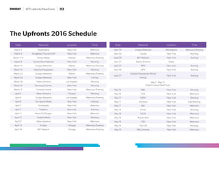 WTF Upfronts/NewFronts 03
The Upfronts 2016 Schedule
Date Network Location Time
March 2 Nickelodeon New York Afternoon
March 3 Nick@Nite/TVLand/CMT New York Afternoon
March 7–9 Disney Media Orlando Afternoon/Evening
March 8 Games Show Network New York Morning
March 15 Scripps Networks Atlanta Afternoon/Evening
March 15 National Geographic New York Morning
March 22 Scripps Networks Detroit Afternoon/Evening
March 29 Scripps Networks New York Full Day
March 30 Azteca America Los Angeles Morning
March 31 Discovery Comms. New York Morning
March 31 Comedy Central New York Afternoon/Evening
April 5 Azteca America Chicago Morning
April 6 Scripps Networks Los Angeles Afternoon/Evening
April 6 Fox Sports Media New York Evening
April 7 Simulmedia New York Afternoon
April 7 Freeform New York Evening
April 11 Bravo/E!/Oxygen New York Afternoon
April 12 Cadent Media New York Morning
April12 Azteca America New York Afternoon
April 13 Scripps Chicago Afternoon/Evening
April 18 BET Network Chicago Afternoon/Evening
April 19 Scripps Networks Minneapolis Afternoon/Evening
April 20 Crackle New York Morning
April 20 BET Network New York Evening
April 21 Azteca America Dallas
April 21 MTV New York Evening
April 26 LATV New York Evening
April 27
Outdoor/Sportsman/World
Fishing
New York Evening
May 2 - May 13
Digital Content NewFronts
May 16 NBC New York Morning
May 16 FOX New York Afternoon
May 17 ESPN New York Morning
May 17 Univision New York Late Morning
May 17 ABC New York Afternoon
May 18 Turner New York Morning
May 18 NCM New York Afternoon
May 18 Mundo Max New York Afternoon
May 18 CBS New York Afternoon
May 19 The CW New York Morning
May 19 NBCUniversal New York Afternoon
Date Network Location Time
 