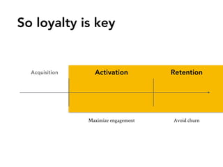 So loyalty is key
Acquisition Activation Retention
Avoid churnMaximize engagement
 