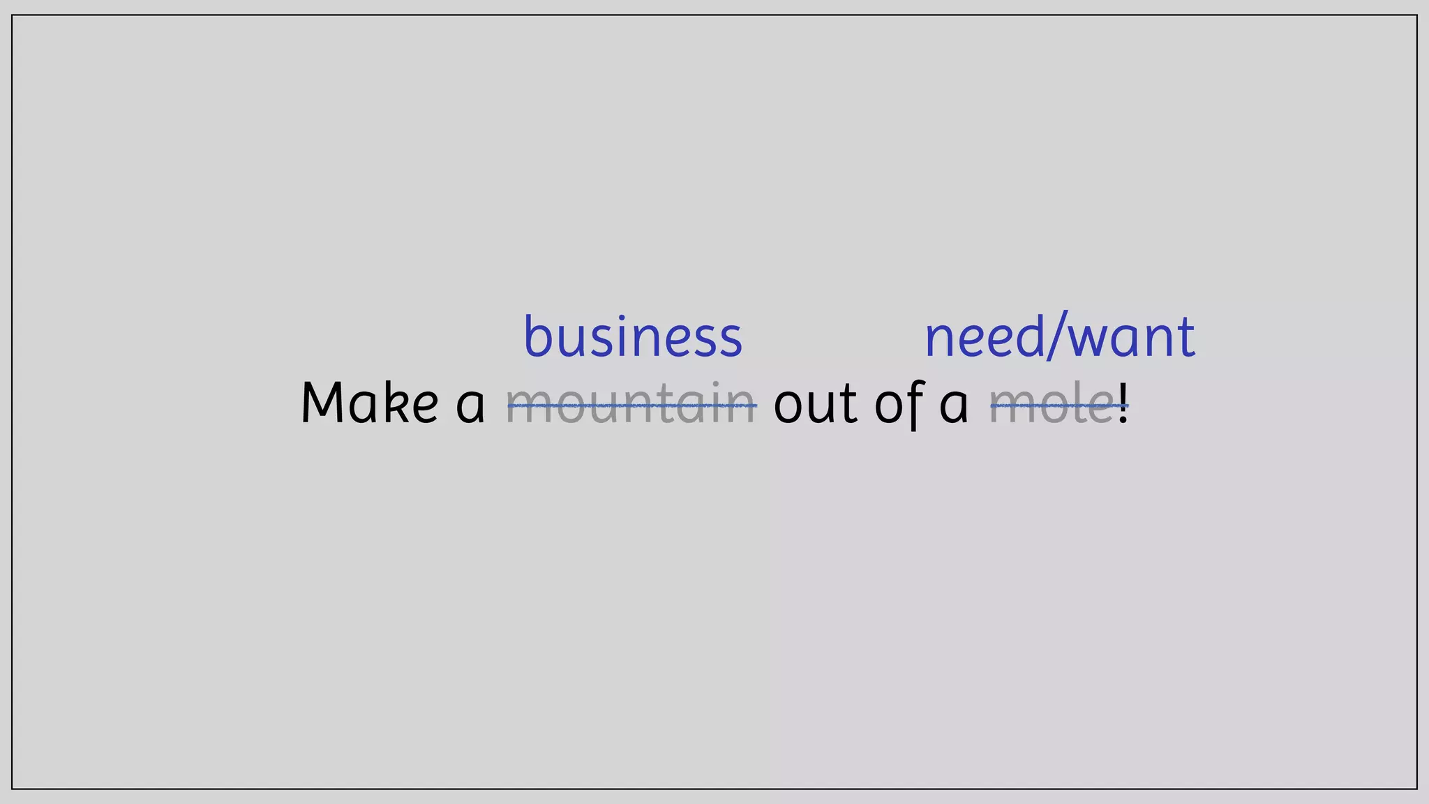 Make a mountain out of a mole!
business need/want
 
