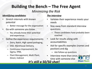 Building the Bench – The Free Agent
                             Minimizing the Risk
Identifying candidates                      The Interview
• Stretch internals with known              • Validate their experience meets your
   potential                                   needs
    – Better message for the organization   • Stay away from standard interview
• Go with someone you know                     questions
    – You already know their potential          – These candidates have probably been
      and experience                              coached
• Define the experience requirements        • Look for results along with
    – Dairy, Batch, High speed packaging,     accountabilities
    – DSD, Warehouse Delivery,              • Ask for specific examples (names and
    – Continuous Improvement, Six             position) and dig
      Sigma, TPM,                               – Ask follow-up questions
    – Plant Management, Multi Plant,        • Interview more than once, the second
      Direct, Indirect                        time with someone else
                          It’s still a 50/50 shot!
                                                                                29
 