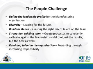 The People Challenge
• Define the leadership profile for the Manufacturing
  organization
• Diversity – Leading for the future.
• Build the Bench – assuring the right mix of talent on the team
• Strengthen existing team – Create processes to constantly
  calibrate against the leadership model (not just the results,
  but the how as well)
• Retaining talent in the organization – Rewarding through
  increasing responsibility




                                                                   4
 